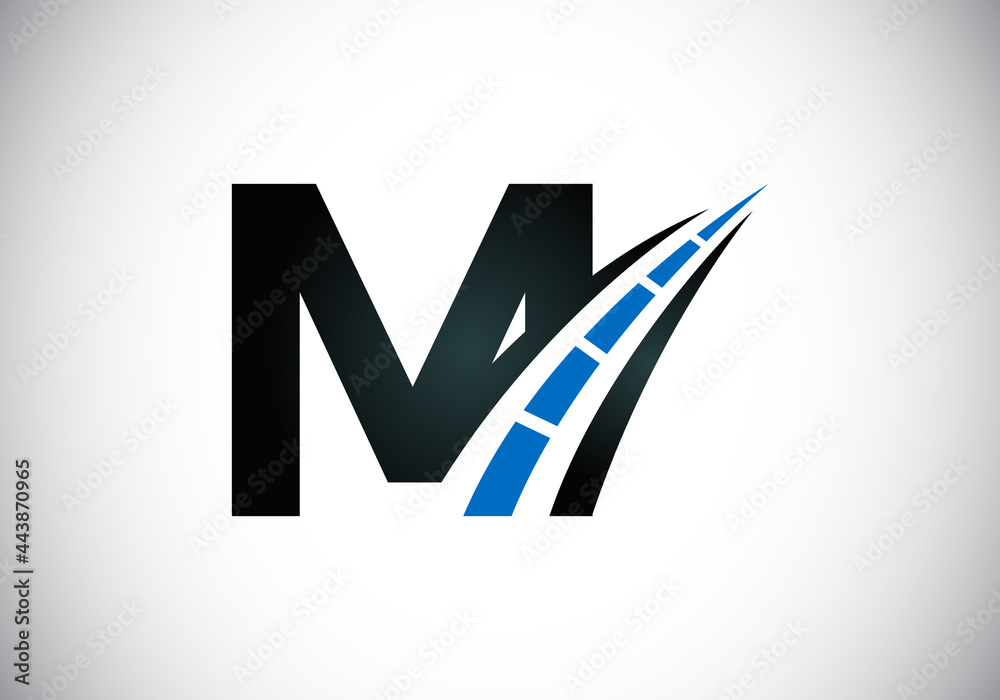Letter M with road logo sing. The creative design concept for highway maintenance and construction. Transportation and traffic theme. Letter M with road logo sing. The creative design concept for highway maintenance and construction. Transportation and traffic theme.