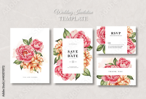wedding invitation card set template with peony watercolour