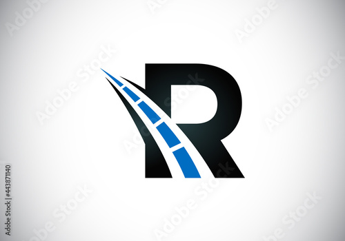 Letter R with road logo sing. The creative design concept for highway maintenance and construction. Transportation and traffic theme.