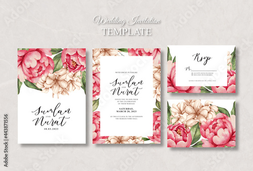 wedding invitation card set template with peony watercolour