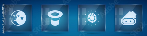 Set Moon and stars, Magic hat, stone and Ticket. Square glass panels. Vector