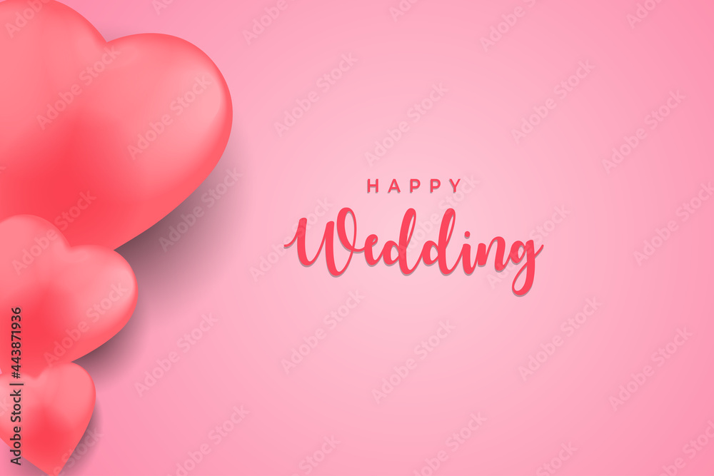 Happy Wedding greeting card with realistic 3d love symbol elements on pink background. Eps10 vector illustration