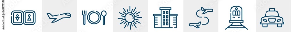 holidays line icons such as toilets, aviation, plate with fork and knife cross, spring sun, hotel, taxi transportation outline vector sign. symbol, logo illustration. linear style icons set. pixel holidays line icons such as toilets, aviation, plate with fork and knife cross, spring sun, hotel, taxi transportation outline vector sign. symbol, logo illustration. linear style icons set. pixel