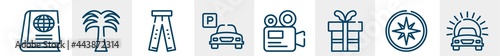 holidays line icons such as geography text book, coconut trees, ripped jeans, parking hotel, camera recorder, car in front of the sun outline vector sign. symbol, logo illustration. linear style