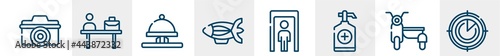 airport line icons such as digital camera, check in desk, hotel bell ringing, blimp, full body, airplanes on radar outline vector sign. symbol, logo illustration. linear style icons set. pixel