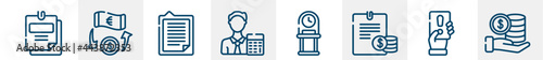 business and financial line icons such as taxes, money transfer, explanation, accountant, old watch, stack outline vector sign. symbol, logo illustration. linear style icons set. pixel perfect