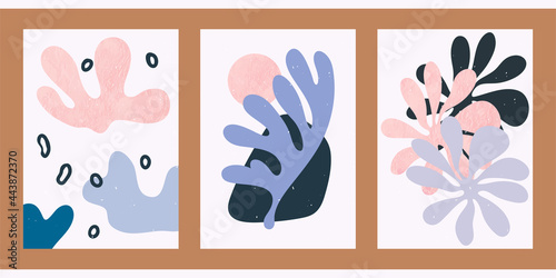 A set of three colorful aesthetic backgrounds. Minimalistic posters for social media, web design. Vintage watercolor illustrations with stripes, blots, lines, curves in pastel colors.