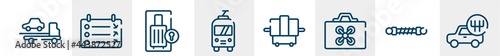 car service line icons such as tow, departure, luggage locker, trolley bus, x-ray, shift outline vector sign. symbol, logo illustration. linear style icons set. pixel perfect vector graphics.