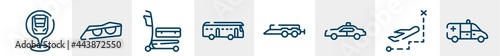 transporters line icons such as checkpoint, car lights, airport cart, checker, car trailer, ambulance side view outline vector sign. symbol, logo illustration. linear style icons set. pixel perfect