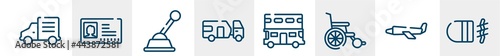 vehicles transport line icons such as mini truck, driving pass, gearshift, touristic, double decker, fog lamp outline vector sign. symbol, logo illustration. linear style icons set. pixel perfect