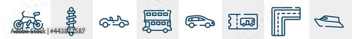 transportation line icons such as road bike, shock absorber, convertible, double decker bus, station wagon, speed boat outline vector sign. symbol, logo illustration. linear style icons set. pixel
