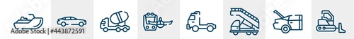 transporters line icons such as sea scooter, car side view, concrete mixer truck side view, miscellaneous, pickup truck side view, bulldozer outline vector sign. symbol, logo illustration. linear