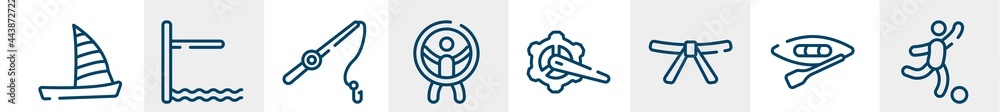 football line icons such as catamaran, diving board, fishing line, zorbing, crank arm, soccer game outline vector sign. symbol, logo illustration. linear style icons set. pixel perfect vector football line icons such as catamaran, diving board, fishing line, zorbing, crank arm, soccer game outline vector sign. symbol, logo illustration. linear style icons set. pixel perfect vector