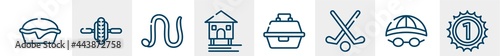 winning red line icons such as pies, electric unicycle, earthworm, stilt house, tackle box, number one outline vector sign. symbol, logo illustration. linear style icons set. pixel perfect vector