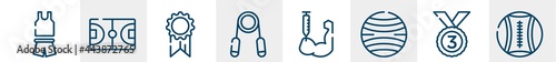 gym line icons such as sport wear, basketball field, first place, handgrip, steroids, medicine ball outline vector sign. symbol, logo illustration. linear style icons set. pixel perfect vector