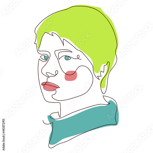 Vector illustration of a young girl with short hair in an abstract style with abstract spots of yellow, blue, and pink, drawn in one continuous line. Suitable for advertising, printing on a T-shirt.