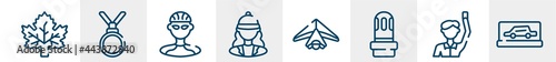 racing line icons such as mapple leaf, nobel prize, cyclist, horsewoman, hang gliding, backup car outline vector sign. symbol, logo illustration. linear style icons set. pixel perfect vector
