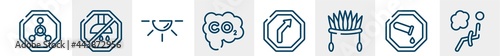 car dashboard signals line icons such as radioactive warning, no shower, dome light, carbon monoxide, right reverse bend, airbag outline vector sign. symbol, logo illustration. linear style icons