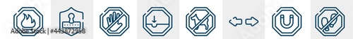 pictograms line icons such as fire warning, safety code, no push, pothole, no dogs, no step outline vector sign. symbol, logo illustration. linear style icons set. pixel perfect vector graphics.