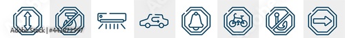 universal warning signals line icons such as ahead, no hoist, air condition, recirculation, alarm, one way outline vector sign. symbol, logo illustration. linear style icons set. pixel perfect