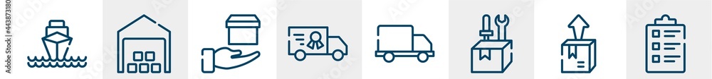 delivery line icons such as ocean transportation, distribution center, delivery in hand, charter, free delivery truck, packing list outline vector sign. symbol, logo illustration. linear style icons