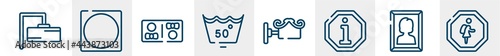indications line icons such as rectangular, circle inside square, restroom, null, decorative, school zone outline vector sign. symbol, logo illustration. linear style icons set. pixel perfect vector