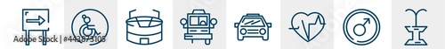 poi public places line icons such as one way, wheelchair side view, big stadium, bus front with driver, car frontal view, public fountain outline vector sign. symbol, logo illustration. linear style