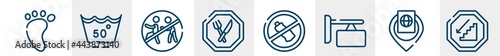 indications line icons such as four toe footprint, null, chasing prohibited, restaurant, no littering, walking downstairs outline vector sign. symbol, logo illustration. linear style icons set.