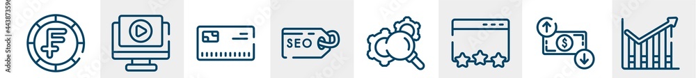 business and finance line icons such as swiss franc coin, play video, visa, seo tags, gear with magnifying glass, profit chart outline vector sign. symbol, logo illustration. linear style icons set. business and finance line icons such as swiss franc coin, play video, visa, seo tags, gear with magnifying glass, profit chart outline vector sign. symbol, logo illustration. linear style icons set.