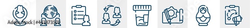 general line icons such as placement, outsourcing, profile list, on coaching, urine test, marketing plan outline vector sign. symbol, logo illustration. linear style icons set. pixel perfect vector