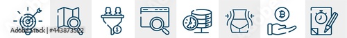 general line icons such as marketing strategy, map search, lead conversion, sem, real time data, quiz outline vector sign. symbol, logo illustration. linear style icons set. pixel perfect vector