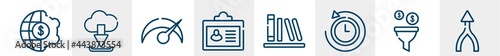 statistic collection line icons such as finances, download from cloud, velocity, cential, calibre, merging outline vector sign. symbol, logo illustration. linear style icons set. pixel perfect