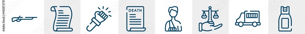 law and justice line icons such as shotgun, scroll with law, violence, death certificate, accident and injuries, pepper spray outline vector sign. symbol, logo illustration. linear style icons set. law and justice line icons such as shotgun, scroll with law, violence, death certificate, accident and injuries, pepper spray outline vector sign. symbol, logo illustration. linear style icons set.