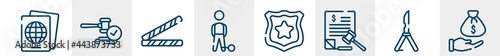 law and justice line icons such as immigration, veict, police line, convict, police badge, bribery outline vector sign. symbol, logo illustration. linear style icons set. pixel perfect vector