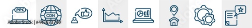 product management line icons such as ppc, cdn, recommendation, area chart, statistics on screen, wish outline vector sign. symbol, logo illustration. linear style icons set. pixel perfect vector