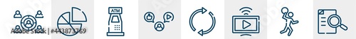 product management line icons such as employing, diagrams, atm machine, mass media, arrow circle, defining outline vector sign. symbol, logo illustration. linear style icons set. pixel perfect