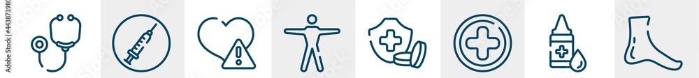 Fototapeta premium body parts line icons such as stethoscope, drug abuse, disease, human body standing, health insurance or hospital costs, foot side view outline vector sign. symbol, logo illustration. linear style