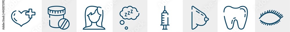 body parts line icons such as heart with a plus, dentist drugs container, brunette female woman long hair, zzz sleep, anesthesia dentist injection diagonal, eye with lashes outline vector sign. body parts line icons such as heart with a plus, dentist drugs container, brunette female woman long hair, zzz sleep, anesthesia dentist injection diagonal, eye with lashes outline vector sign.