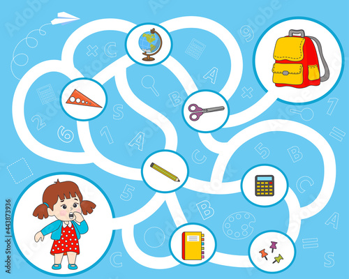 Game for kids. Maze. Pack your school supplies into a bag. Activity book. Vector illustration