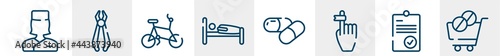 medicine and health line icons such as medical doctor specialist, forceps of dentist tools, bicycle healthy transport, human sleeping on bed, medicine capsule, pharmaceutical delivery outline vector
