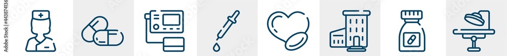 health line icons such as nurses, large pill, blood pressure gauge, medicine dropper, medicine for heart, operating room outline vector sign. symbol, logo illustration. linear style icons set. pixel