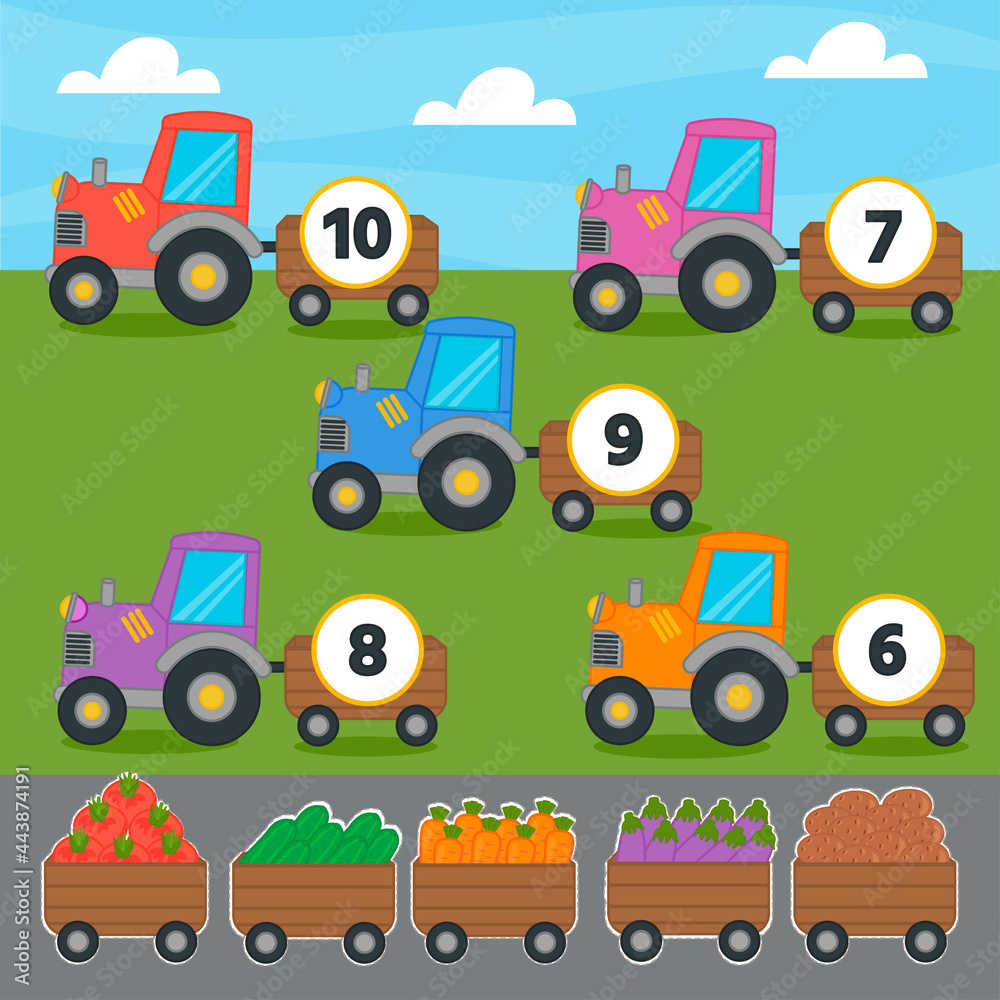 Obraz premium Education match game for kids. Count the vegetables in the tractor. Cut and glue correct answer. Collection puzzle with numbers and vegetables. Puzzle Game, Mosaic.
