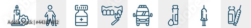 medicine line icons such as candle flower, inju leg of man, medicine container, veneer, frontal ambulance, syringe with medication outline vector sign. symbol, logo illustration. linear style icons
