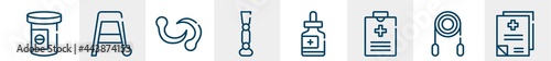 medical services line icons such as antidepressants, walker, leech, prosthesis, fluid, medical records outline vector sign. symbol, logo illustration. linear style icons set. pixel perfect vector