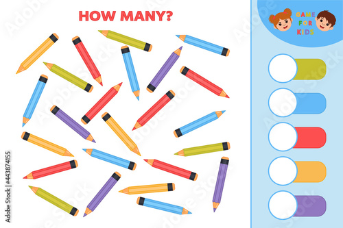 Educational game for kids. Count quantity of pencils and write numbers. Developing counting skills