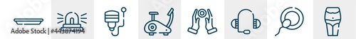 medical line icons such as surgical tray, ambulance lights, ultrasound, stationary bike, reiki, belly outline vector sign. symbol, logo illustration. linear style icons set. pixel perfect vector
