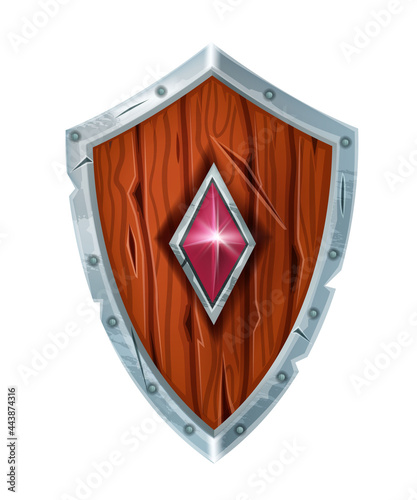 Wooden game knight shield icon, vector Viking fantasy warrior medieval armor on white, gem stone. Cartoon battle soldier vintage inventory, user interface RPG design object. Game old shield clipart