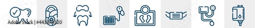 blood donation line icons such as healthy tooth, pediatrics, dental crown, tensiometer, body weight, blood bag outline vector sign. symbol, logo illustration. linear style icons set. pixel perfect