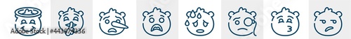 emoji line icons such as smiling with halo emoji, quiet emoji, liar surprise sweating disappointed outline vector sign. symbol, logo illustration. linear style icons set. pixel perfect vector