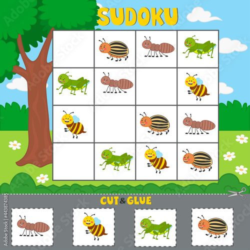 Educational logical game for children with funny insects. Sudoku. Vector illustration. Printable worksheet.